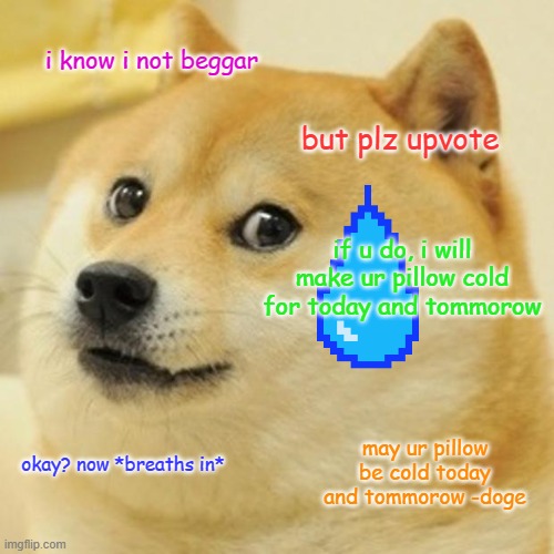 plz upvote for good/cold pillows | i know i not beggar; but plz upvote; if u do, i will make ur pillow cold for today and tommorow; may ur pillow be cold today and tommorow -doge; okay? now *breaths in* | image tagged in memes,doge | made w/ Imgflip meme maker