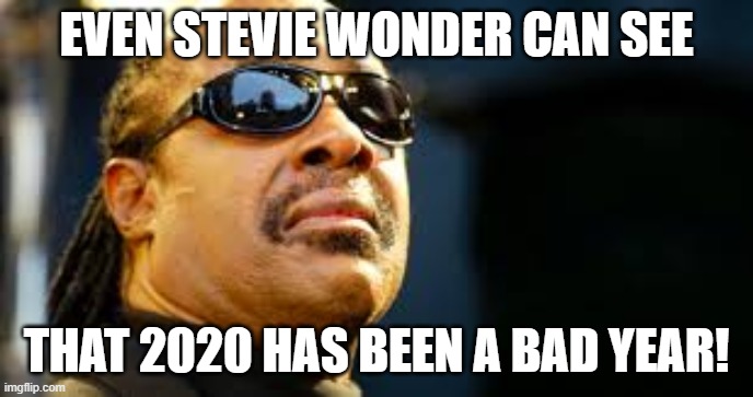 Stevie Wonder 2020 | EVEN STEVIE WONDER CAN SEE; THAT 2020 HAS BEEN A BAD YEAR! | image tagged in stevie wonder,2020,funny,blind,lol,wtf | made w/ Imgflip meme maker