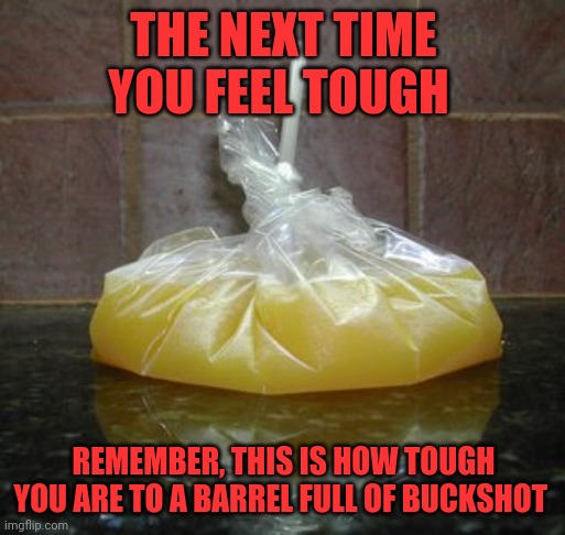Juice in a bag | THE NEXT TIME YOU FEEL TOUGH; REMEMBER, THIS IS HOW TOUGH YOU ARE TO A BARREL FULL OF BUCKSHOT | image tagged in juice in a bag | made w/ Imgflip meme maker