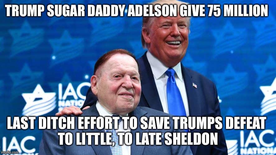 Pour some sugar on Trump | TRUMP SUGAR DADDY ADELSON GIVE 75 MILLION; LAST DITCH EFFORT TO SAVE TRUMPS DEFEAT 
TO LITTLE, TO LATE SHELDON | image tagged in donald trump,loser,election 2020,trump supporters,cry | made w/ Imgflip meme maker