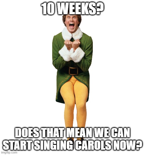Christmas Elf | 10 WEEKS? DOES THAT MEAN WE CAN START SINGING CAROLS NOW? | image tagged in christmas elf | made w/ Imgflip meme maker