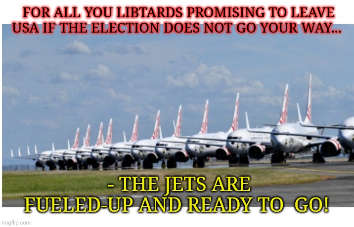 Just a friendly reminder- PLEASE GO | FOR ALL YOU LIBTARDS PROMISING TO LEAVE USA IF THE ELECTION DOES NOT GO YOUR WAY... - THE JETS ARE FUELED-UP AND READY TO  GO! | image tagged in libtards,suck,vote trump,2020 | made w/ Imgflip meme maker