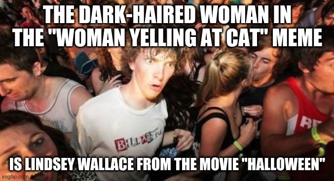 Well, the actress who played her. Kyle Richards. | THE DARK-HAIRED WOMAN IN THE "WOMAN YELLING AT CAT" MEME; IS LINDSEY WALLACE FROM THE MOVIE "HALLOWEEN" | image tagged in memes,sudden clarity clarence,woman yelling at cat,halloween,horror movie,the real housewives of beverly hills | made w/ Imgflip meme maker