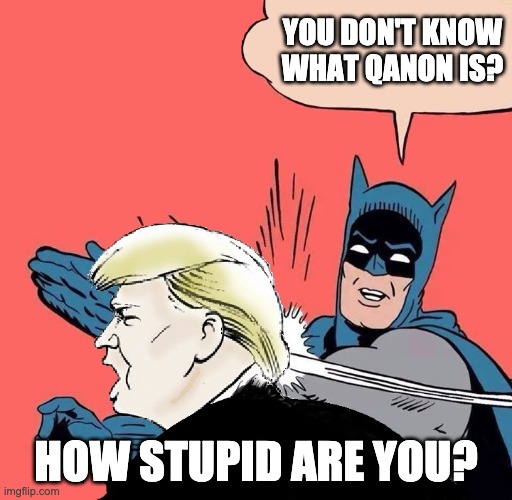 Remember his words: "don't call me smart" | YOU DON'T KNOW WHAT QANON IS? HOW STUPID ARE YOU? | image tagged in batman slaps trump,trump,conspiracy theory,qanon,election | made w/ Imgflip meme maker