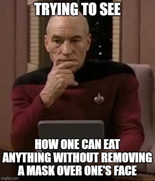 picard thinking | TRYING TO SEE HOW ONE CAN EAT ANYTHING WITHOUT REMOVING A MASK OVER ONE'S FACE | image tagged in picard thinking | made w/ Imgflip meme maker