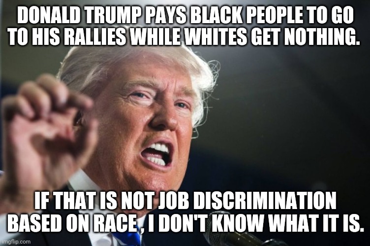 Affirmative action  trump | DONALD TRUMP PAYS BLACK PEOPLE TO GO TO HIS RALLIES WHILE WHITES GET NOTHING. IF THAT IS NOT JOB DISCRIMINATION BASED ON RACE , I DON'T KNOW WHAT IT IS. | image tagged in donald trump,trump supporters,blm,maga,joe biden,conservatives | made w/ Imgflip meme maker