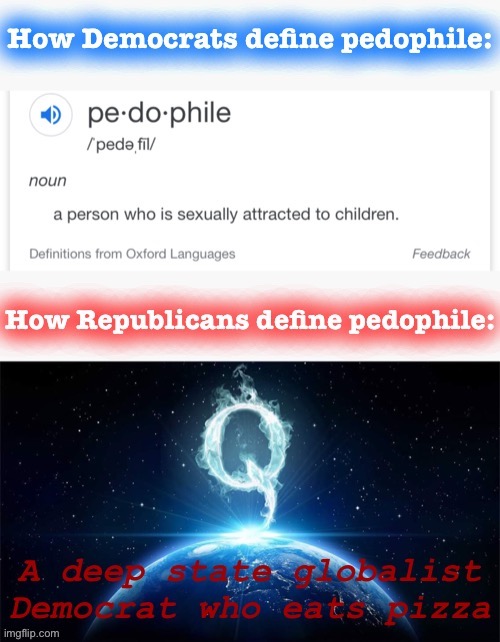 Two definitions of pedophile: Which one is correct? | image tagged in republican definition of pedophilia,pedophile,pedophilia,qanon | made w/ Imgflip meme maker