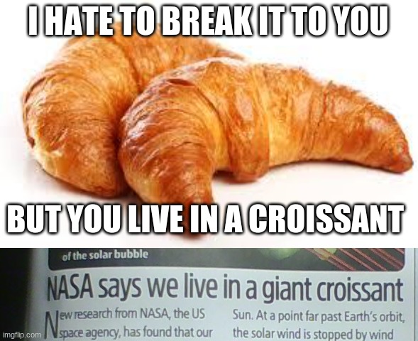 I don't know | I HATE TO BREAK IT TO YOU; BUT YOU LIVE IN A CROISSANT | image tagged in croissant,nasa,space,spacex | made w/ Imgflip meme maker