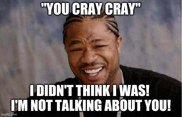 Cray Crays these days | "YOU CRAY CRAY"; I DIDN'T THINK I WAS! 
I'M NOT TALKING ABOUT YOU! | image tagged in memes,yo dawg heard you | made w/ Imgflip meme maker