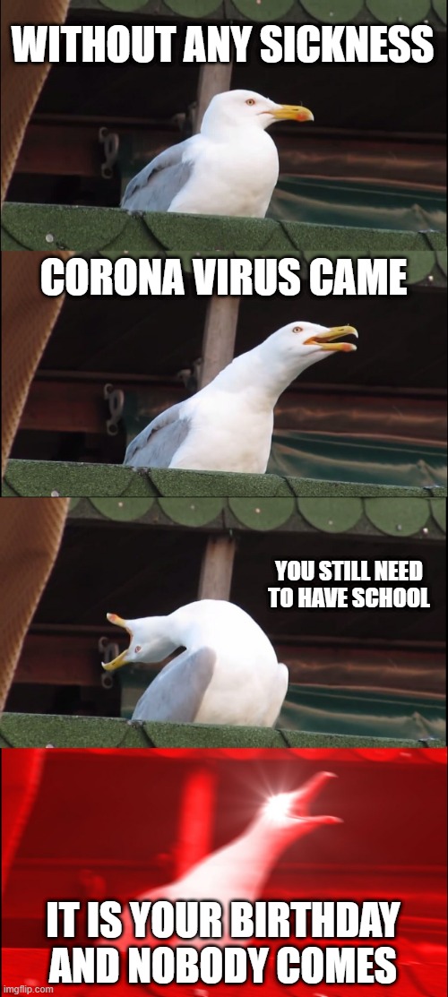 Inhaling Seagull Meme | WITHOUT ANY SICKNESS; CORONA VIRUS CAME; YOU STILL NEED TO HAVE SCHOOL; IT IS YOUR BIRTHDAY AND NOBODY COMES | image tagged in memes,inhaling seagull | made w/ Imgflip meme maker