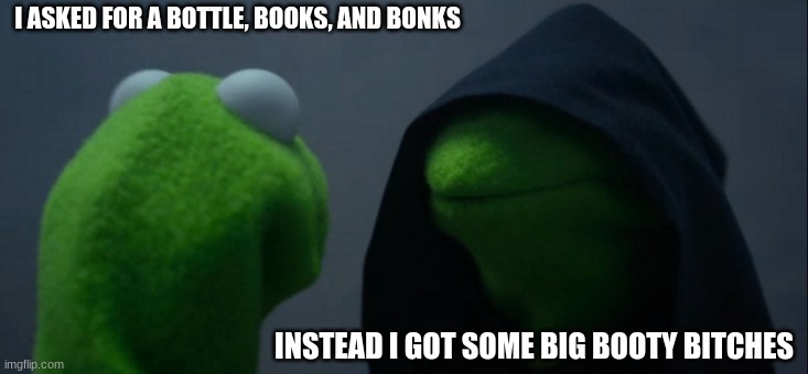 Evil Kermit Meme | I ASKED FOR A BOTTLE, BOOKS, AND BONKS; INSTEAD I GOT SOME BIG BOOTY BITCHES | image tagged in memes,evil kermit | made w/ Imgflip meme maker