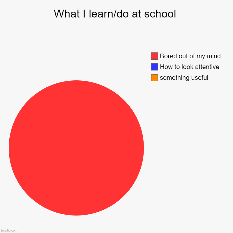 What I learn/do at school | something useful, How to look attentive, Bored out of my mind | image tagged in charts,pie charts | made w/ Imgflip chart maker