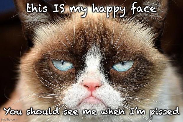 Grumpy Cat Not Amused | this IS my happy face; You should see me when I’m pissed | image tagged in memes,grumpy cat not amused,grumpy cat | made w/ Imgflip meme maker