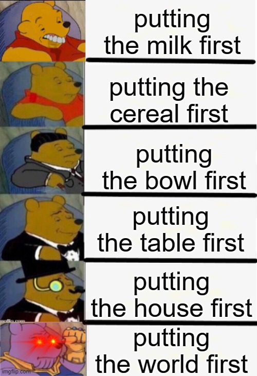 Winnie the pooh 6 panels | putting the milk first; putting the cereal first; putting the bowl first; putting the table first; putting the house first; putting the world first | image tagged in winnie the pooh | made w/ Imgflip meme maker