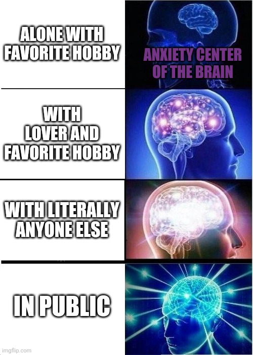 Expanding Anxiety | ALONE WITH FAVORITE HOBBY; ANXIETY CENTER OF THE BRAIN; WITH LOVER AND FAVORITE HOBBY; WITH LITERALLY ANYONE ELSE; IN PUBLIC | image tagged in memes,expanding brain | made w/ Imgflip meme maker