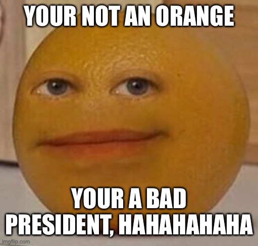 annoy orange | YOUR NOT AN ORANGE YOUR A BAD PRESIDENT, HAHAHAHAHA | image tagged in annoy orange | made w/ Imgflip meme maker