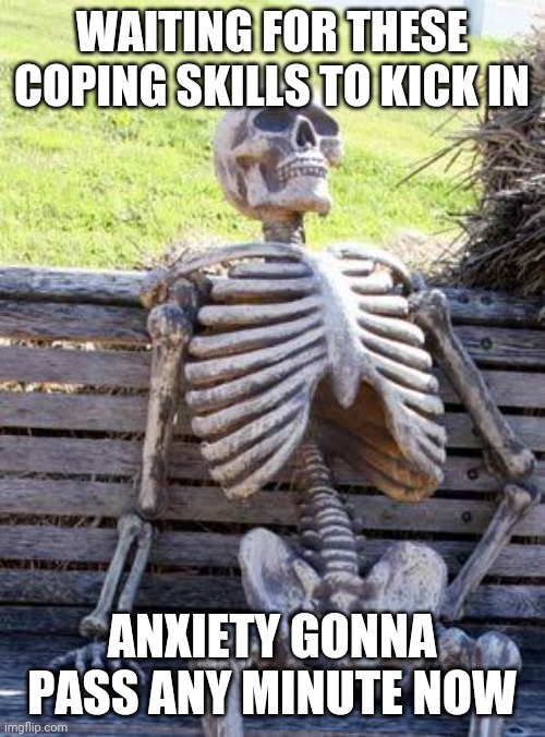 Just gonna sit here and do a little freak out | WAITING FOR THESE COPING SKILLS TO KICK IN; ANXIETY GONNA PASS ANY MINUTE NOW | image tagged in memes,waiting skeleton | made w/ Imgflip meme maker