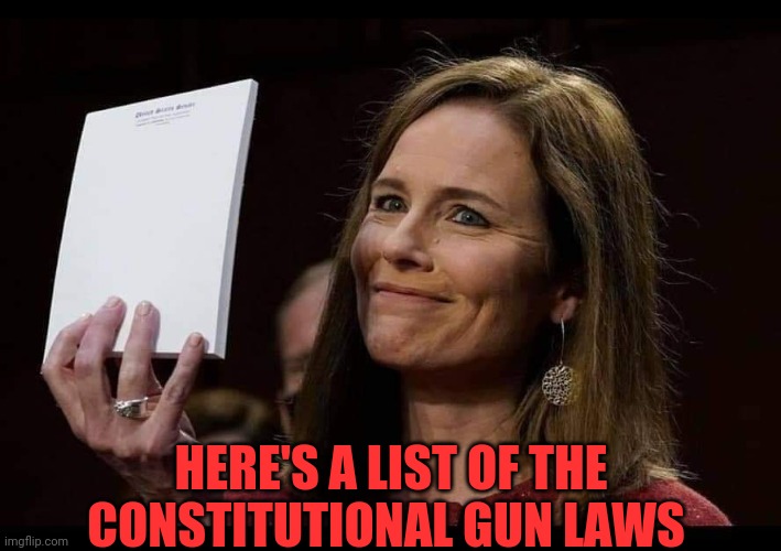 She really gets me | HERE'S A LIST OF THE CONSTITUTIONAL GUN LAWS | image tagged in amy comey barrett,2nd amendment | made w/ Imgflip meme maker