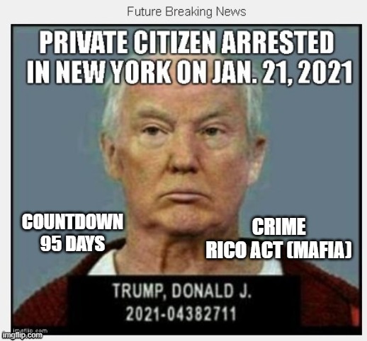 95 Days Until January 21, 2021 | COUNTDOWN
95 DAYS; CRIME
RICO ACT (MAFIA) | image tagged in countdown,criminal,corrupt,mafia don,traitor,liar | made w/ Imgflip meme maker