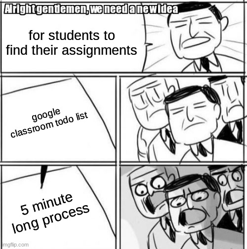 teachers be like | for students to find their assignments; google classroom todo list; 5 minute long process | image tagged in memes,alright gentlemen we need a new idea | made w/ Imgflip meme maker