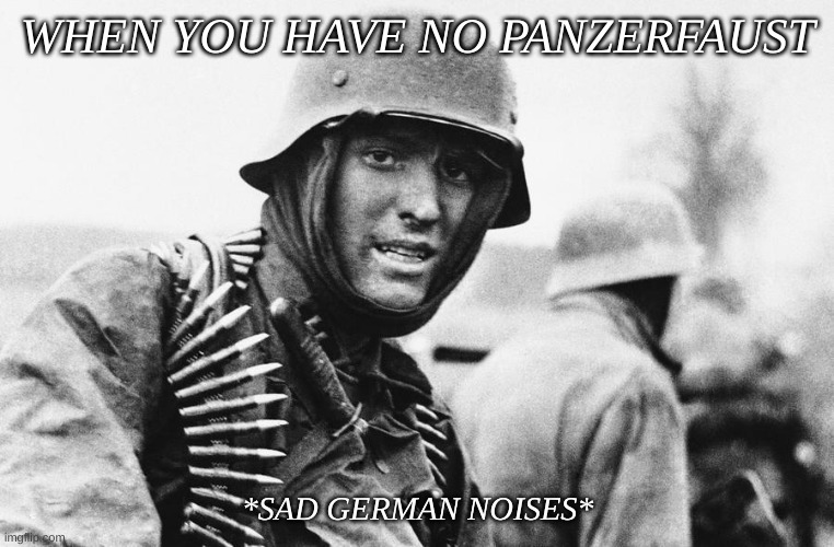 When has no panzerfaust | WHEN YOU HAVE NO PANZERFAUST; *SAD GERMAN NOISES* | image tagged in hans the german | made w/ Imgflip meme maker