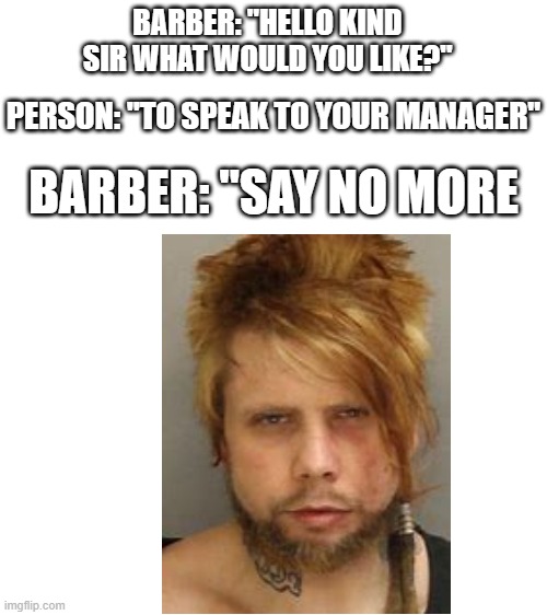 karen level 9999 | BARBER: "HELLO KIND SIR WHAT WOULD YOU LIKE?"; PERSON: "TO SPEAK TO YOUR MANAGER"; BARBER: "SAY NO MORE | image tagged in blank white template | made w/ Imgflip meme maker