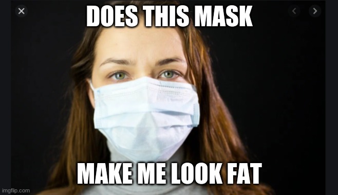 does this mask make me look fat | DOES THIS MASK; MAKE ME LOOK FAT | image tagged in covid-19,face mask | made w/ Imgflip meme maker