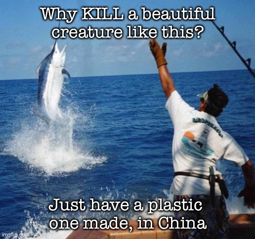 sport fishing | Why KILL a beautiful creature like this? Just have a plastic 
one made, in China | image tagged in sport fishing | made w/ Imgflip meme maker