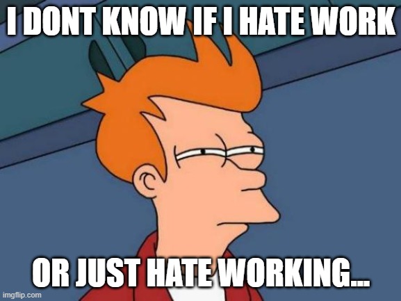 hmmmm | I DONT KNOW IF I HATE WORK; OR JUST HATE WORKING... | image tagged in memes,futurama fry | made w/ Imgflip meme maker