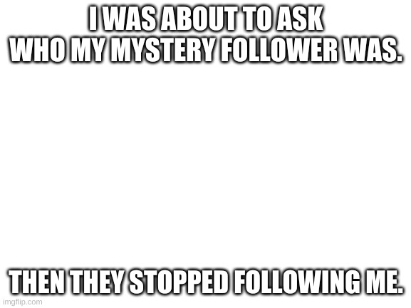 I sad | I WAS ABOUT TO ASK WHO MY MYSTERY FOLLOWER WAS. THEN THEY STOPPED FOLLOWING ME. | image tagged in blank white template | made w/ Imgflip meme maker
