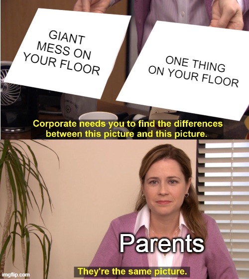 Parents | GIANT MESS ON YOUR FLOOR; ONE THING ON YOUR FLOOR; Parents | image tagged in memes,they're the same picture | made w/ Imgflip meme maker