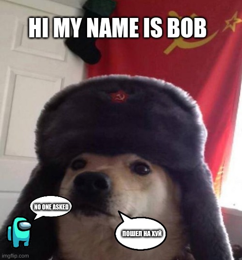 russian doggo | HI MY NAME IS BOB; NO ONE ASKED; ПОШЕЛ НА ХУЙ | image tagged in funny | made w/ Imgflip meme maker