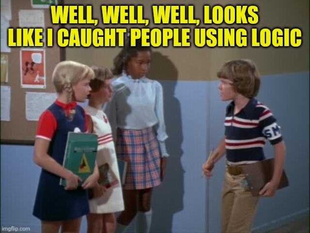 Bobby Brady Hall Monitor | WELL, WELL, WELL, LOOKS LIKE I CAUGHT PEOPLE USING LOGIC | image tagged in bobby brady hall monitor | made w/ Imgflip meme maker