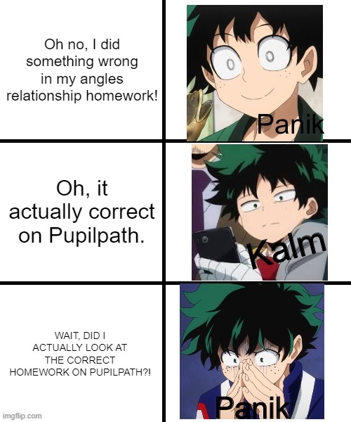 Panik all the way in Pupilpath | Oh no, I did something wrong in my angles relationship homework! Oh, it actually correct on Pupilpath. WAIT, DID I ACTUALLY LOOK AT THE CORRECT HOMEWORK ON PUPILPATH?! | image tagged in panik deku | made w/ Imgflip meme maker