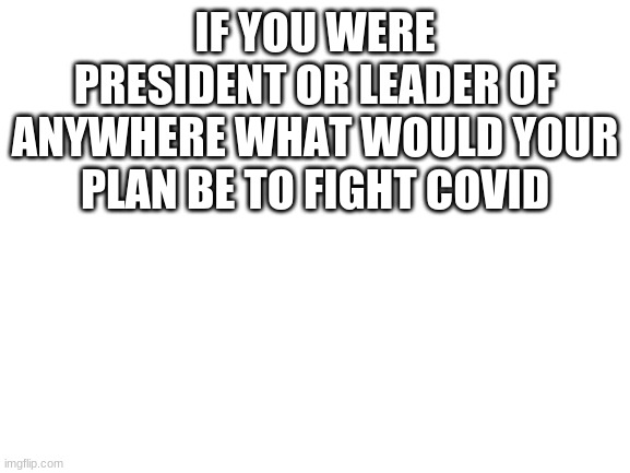 Blank White Template | IF YOU WERE PRESIDENT OR LEADER OF ANYWHERE WHAT WOULD YOUR PLAN BE TO FIGHT COVID | image tagged in blank white template | made w/ Imgflip meme maker