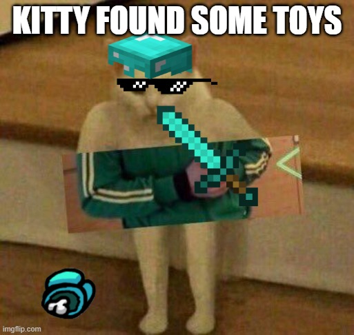 CAT IS CURSED AGAIN | KITTY FOUND SOME TOYS | image tagged in cursedcat,cats,cat,cursed image | made w/ Imgflip meme maker