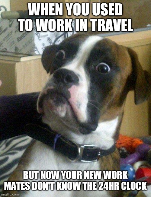 I used to work in travel 24hr clock | WHEN YOU USED TO WORK IN TRAVEL; BUT NOW YOUR NEW WORK MATES DON'T KNOW THE 24HR CLOCK | image tagged in blankie the shocked dog,travel,i used to work in travel,24hr clock,work mates | made w/ Imgflip meme maker