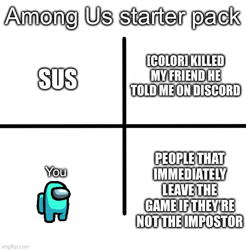 Among Us starter pack | Among Us starter pack; [COLOR] KILLED MY FRIEND HE TOLD ME ON DISCORD; SUS; PEOPLE THAT IMMEDIATELY LEAVE THE GAME IF THEY’RE NOT THE IMPOSTOR; You | image tagged in memes,among us,impostor,crewmate,starter pack,sus | made w/ Imgflip meme maker