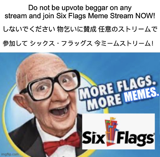 More Flags. More Memes. | Do not be upvote beggar on any stream and join Six Flags Meme Stream NOW! しないでください 物乞いに賛成 任意のストリームで 参加して シックス・フラッグス 今ミームストリーム！ | image tagged in more flags more memes | made w/ Imgflip meme maker