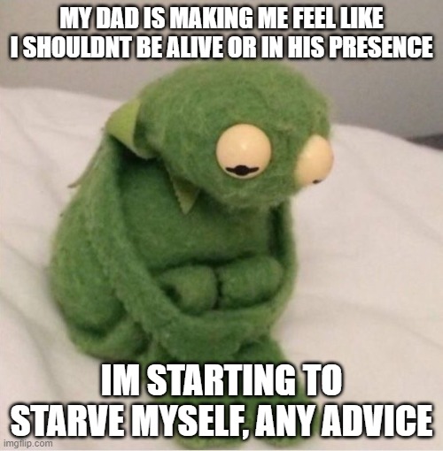 ... | MY DAD IS MAKING ME FEEL LIKE I SHOULDNT BE ALIVE OR IN HIS PRESENCE; IM STARTING TO STARVE MYSELF, ANY ADVICE | image tagged in sad kermit | made w/ Imgflip meme maker