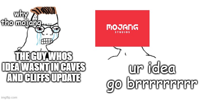 upvote this if this is true | why tho mojang; THE GUY WHOS IDEA WASNT IN CAVES AND CLIFFS UPDATE; ur idea go brrrrrrrrr | image tagged in nooo haha go brrr | made w/ Imgflip meme maker