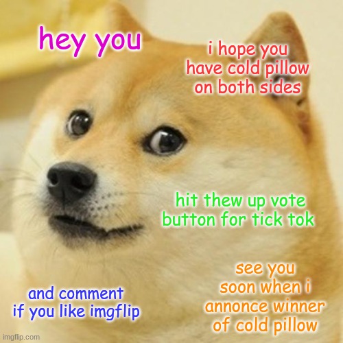 Doge | hey you; i hope you have cold pillow on both sides; hit thew up vote button for tick tok; see you soon when i annonce winner of cold pillow; and comment if you like imgflip | image tagged in memes,doge | made w/ Imgflip meme maker