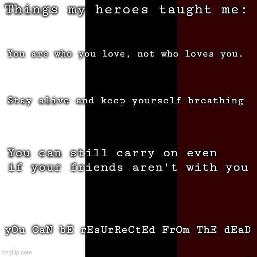 I gotta quit making these- | Things my heroes taught me:; You are who you love, not who loves you. Stay alive and keep yourself breathing; You can still carry on even if your friends aren't with you; yOu CaN bE rEsUrReCtEd FrOm ThE dEaD | image tagged in memes,blank transparent square | made w/ Imgflip meme maker