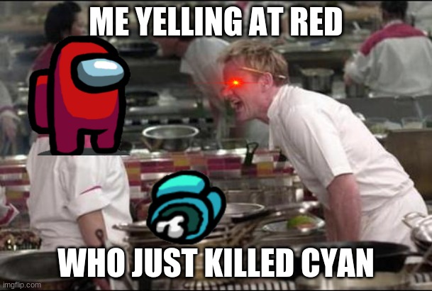 Angry Chef Gordon Ramsay Meme | ME YELLING AT RED; WHO JUST KILLED CYAN | image tagged in memes,angry chef gordon ramsay | made w/ Imgflip meme maker