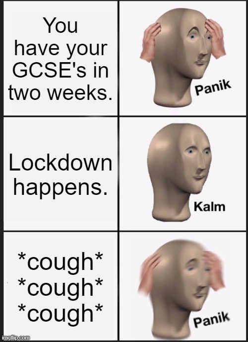 Panik Kalm Panik Meme | You have your GCSE's in two weeks. Lockdown happens. *cough* *cough* *cough* | image tagged in memes,panik kalm panik | made w/ Imgflip meme maker