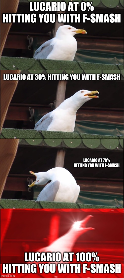 Basically Aura. | LUCARIO AT 0% HITTING YOU WITH F-SMASH; LUCARIO AT 30% HITTING YOU WITH F-SMASH; LUCARIO AT 70% HITTING YOU WITH F-SMASH; LUCARIO AT 100% HITTING YOU WITH F-SMASH | image tagged in memes,inhaling seagull | made w/ Imgflip meme maker