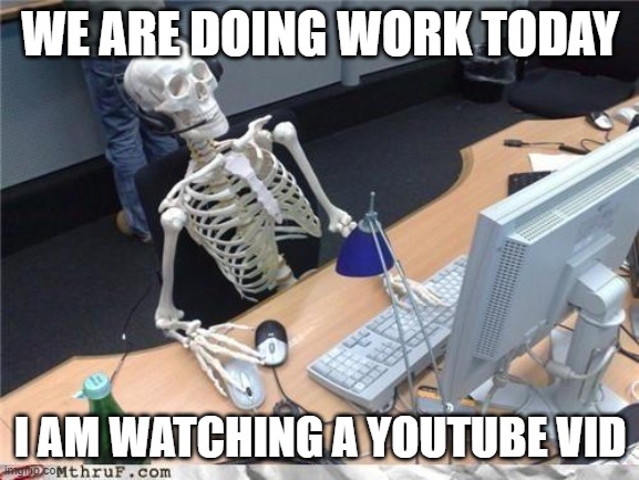 Waiting skeleton | WE ARE DOING WORK TODAY; I AM WATCHING A YOUTUBE VID | image tagged in waiting skeleton | made w/ Imgflip meme maker