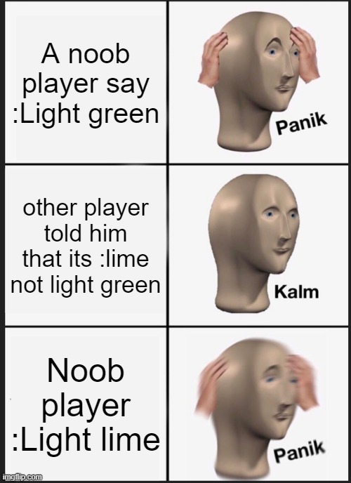 noob players in your sever | A noob player say :Light green; other player told him that its :lime not light green; Noob player :Light lime | image tagged in memes,panik kalm panik | made w/ Imgflip meme maker