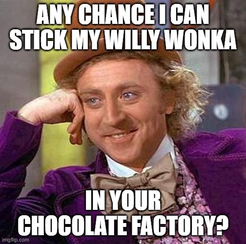 Creepy Condescending Wonka Meme | ANY CHANCE I CAN STICK MY WILLY WONKA; IN YOUR CHOCOLATE FACTORY? | image tagged in memes,creepy condescending wonka | made w/ Imgflip meme maker