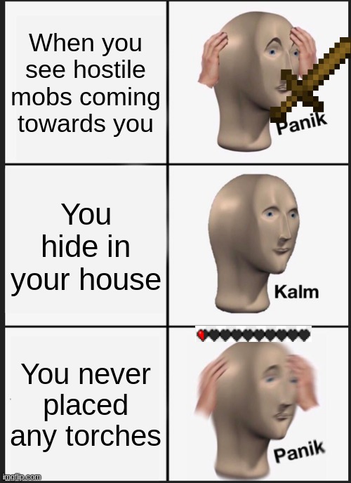 welp rip | When you see hostile mobs coming towards you; You hide in your house; You never placed any torches | image tagged in memes,panik kalm panik | made w/ Imgflip meme maker